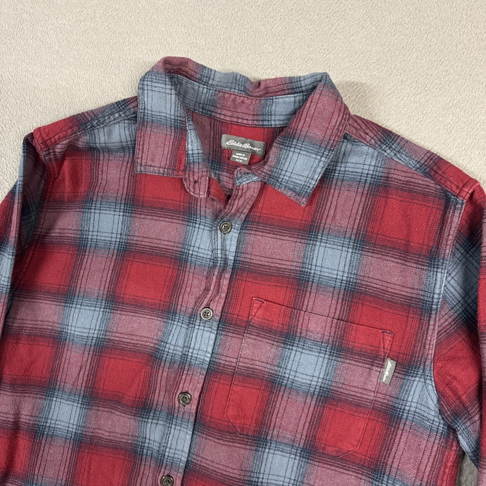 Eddie Bauer Shirt Mens Medium Blue Red Plaid Flannel Long Sleeve Button Down